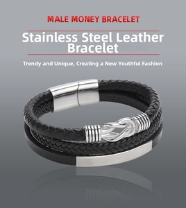 Detail of multi-layer leather bracelet with braided ropes and stainless magnetic clasp