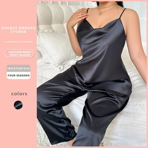 Plus Size Damen Pyjama Oberteil Und Hose Satinnimitat Satin Wasserfall Ausschnitt Spaghettiträger Einfarbig Loungewear