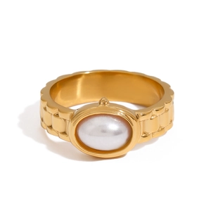 Goldener Titanstahl-Kettenring mit ovaler Perle im Vintage-Stil für Damenmode
