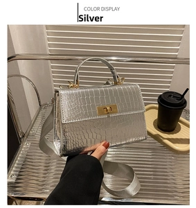 Detail of silver crocodile pattern crossbody bag with golden metal lock and strap