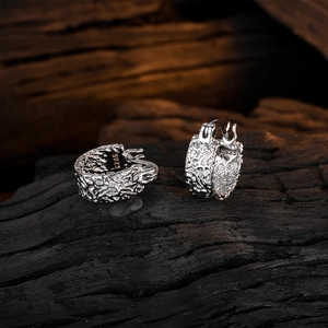 Lava texture 925 sterling silver hoop earrings in chunky C-shape irregular design