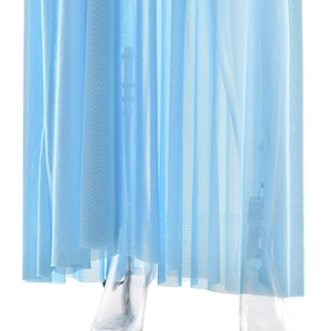 Close-up of light blue mesh skirt showing sheer texture and elegant drape detail