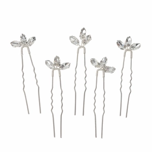 Set of 5 silver rhinestone hair pins with minimalist clover crystal designs