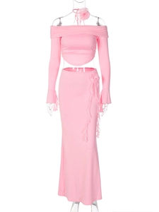 Pink off-shoulder long sleeve crop top and fishtail skirt set with floral neck accessory