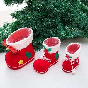 Christmas Boot Candy Box Red Flocked Gift Container With Mesh Liner Holiday Decoration Desktop Ornament Gift Bag