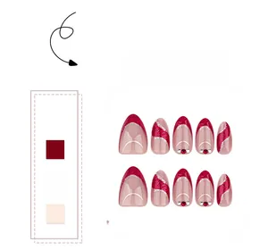 Detailed shot of almond-shaped press-on nails in red glitter and nude with rhinestone accents