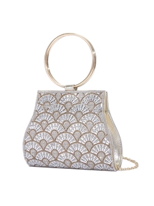 Sparkling diamond evening clutch with scallop pattern, gold ring handle and chain strap