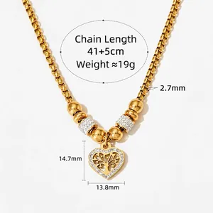 Golden stainless steel heart necklace with tree of life pendant and white zircon stones