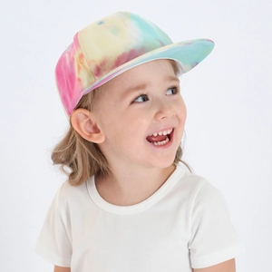 Close-up of kids tie-dye baseball cap featuring pink yellow mint and blue colors