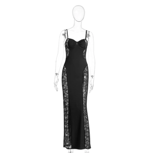 Elegant black strap maxi dress featuring side lace panels and a slim fit bodycon silhouette
