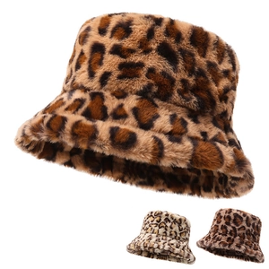 Leopard Print Rabbit Hair Bucket Hat Winter Warm Plush Faux Fur Basin Hat For Women Adjustable Fisherman Cap Accessory