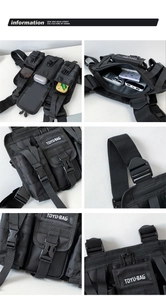 Tactical chest bag detail showing durable nylon material, MOLLE system and quick-release buckles