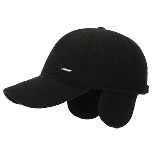 Winter men's black knit baseball cap with fold-down ear flaps and metal detail
