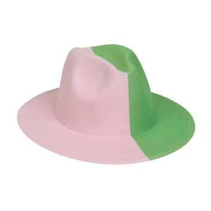 Detail of pink and green two-tone wool fedora hat with smooth felt texture and clean edges