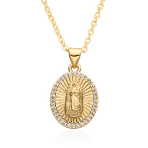 Gold plated Virgin of Guadalupe religious pendant necklace with white cubic zirconia stones