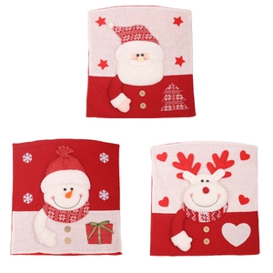 Knitted Christmas chair covers featuring 3D Santa, Snowman and Reindeer holiday designs