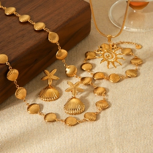 Parure bijoux en acier inoxydable doré 18k avec pendentif coquillage et soleil