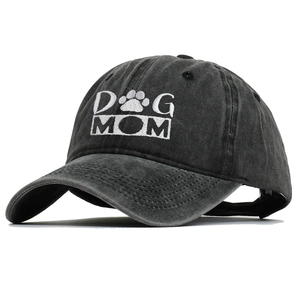 Distressed dark grey washed cotton baseball cap with white DOG MOM embroidery