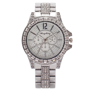 Fashion silver stainless steel watch for men featuring a full crystal paved bezel and band