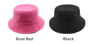 Detail of rose red and black cotton bucket hats with side metal eyelets and stitched brim