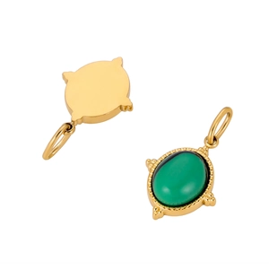 Macro shot of green oval natural stone pendant with gold stainless steel base and bail