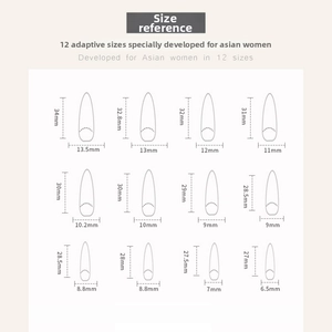 Detailed size chart for press-on nails showing 12 different length and width measurements