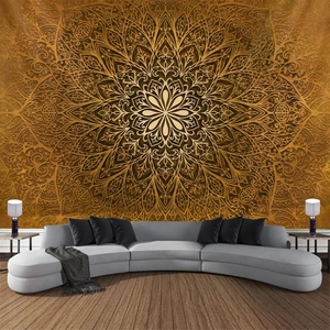 Golden mandala tapestry wall hanging for living room dorm decor with geometric patterns