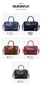 Detailed catalog showing five colors of shiny leather Boston bags with woven handles