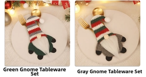 Close-up of festive knit gnome silverware holders with striped hats on a white plate