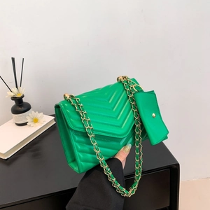 Fashion Women PU Leather Chevron Quilted Shoulder Bag Set With Chain Strap And Mini Coin Purse Pouch Crossbody Bag