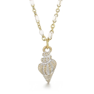 Women's gold conch pendant necklace with white beads and colorful enamel drips