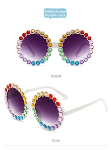 Detail view of round white sunglasses for kids with rainbow rhinestones and purple lenses