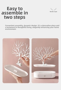 Detailed assembly guide for white antler jewelry stand with drawer and tray base