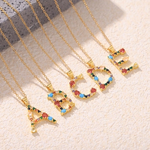 Colorful zircon micro-pave letter A-E pendants on gold-plated cross chain necklace
