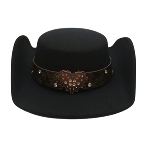 Chapeau De Cowboy Occidental Vintage Feutre Large Bord Grande Boucle Coeur Strass Ceinture Cuir Gaufré Style Jazz Bohème