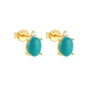 Close-up of S925 stamped gold-plated turquoise earrings with small diamond accents