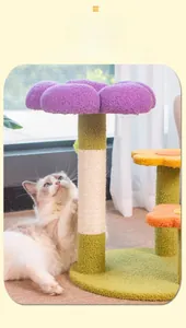 Close-up of sisal scratching post and purple floral platform with plush teddy velvet texture