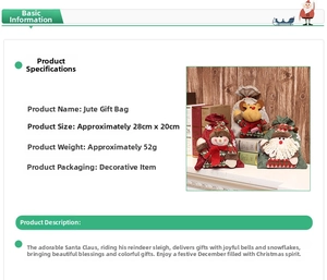 Detail view of 28x20cm Christmas linen gift bags featuring 3D Santa, reindeer, and snowman