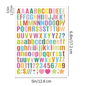 Detailed size chart showing 0.5-inch colorful alphabet and number sticker sheet dimensions