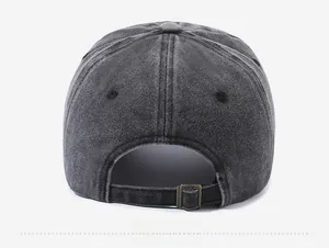 Detail of vintage washed cotton baseball cap with adjustable metal buckle and back view