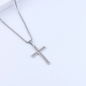 Polished silver stainless steel hollow cross pendant necklace with box chain for unisex wear