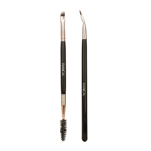 Professional dual-ended eyebrow brush and angled eyeliner brush set with rose gold ferrules
