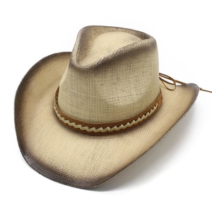Western Cowboy Hat Paper Straw Wide Brim Sun Protection Beach Hand Painted Gradient Vintage Style For Women