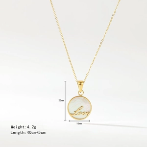 Golden stainless steel necklace with shell inlay and Love engraving, 40+5cm chain length