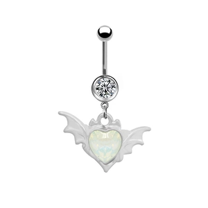 Detail showing surgical steel bat wing belly ring with heart opal and cubic zirconia