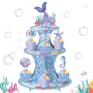 Mermaid Theme Cupcake Stand Tiered Cardboard Cake Display For Birthday Party Decoration Pastel Fish Tail Shell Seahorse