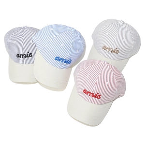 Striped college style baseball caps with amis embroidery in blue, grey, and khaki colors