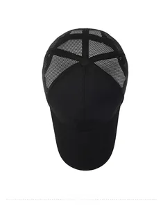 Top down view of a black mesh trucker hat featuring breathable sport embroidery