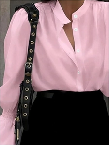 Elegant pink lantern sleeve shirt with ruffled collar and button detail for women