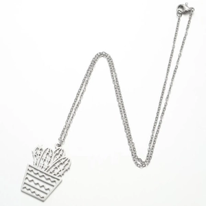 Polished stainless steel necklace featuring a minimalist cactus pendant in silver finish